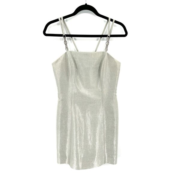 KAY UNGER Silver Metallic Spaghetti Strap Embellished Formal Mini Dress Size 4 - Picture 1 of 8
